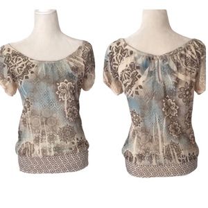 Y2K Fang Semi Sheer Short Sleeve Tunic Top Size Medium